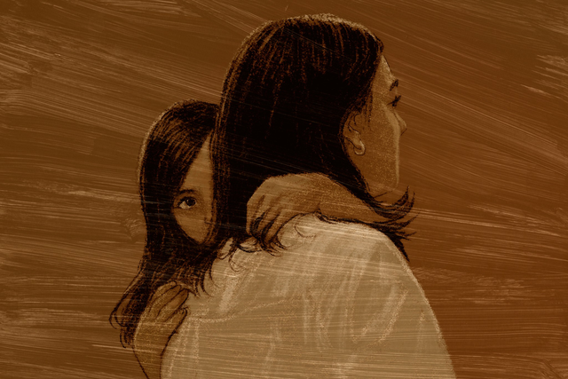 A child clings to an adult’s back, looking cautiously over their shoulder while the adult faces forward, both surrounded by a warm, textured brown background.